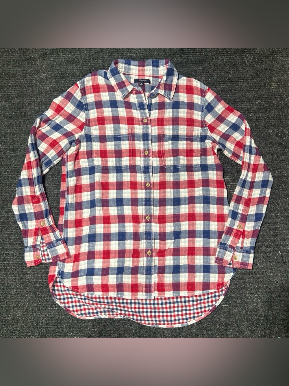 Madewell Plaid Button Down Shirt Women’s Medium Red Navy Blue White 100% Cotton